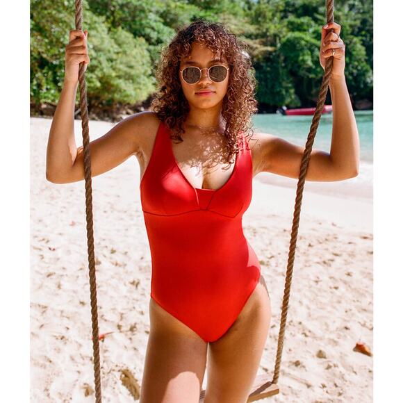 Andie Other - Andie Red The Tahiti Open Back V-Neck One Piece Swimsuit